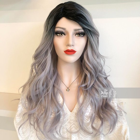 Her Wig Closet Accessories - 20" Side Part Dark Root Silver Wavy Wig | Karlie